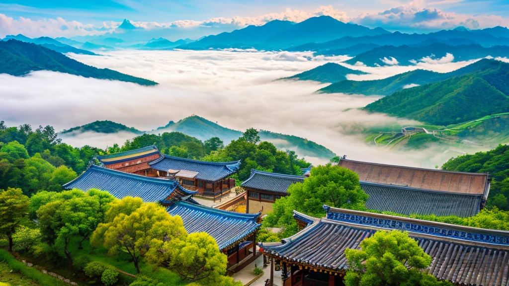 Natural beauty, Korean ancient village.     The Stream.    cloud, Temple.    View from the air, mystical beauty, 8k
