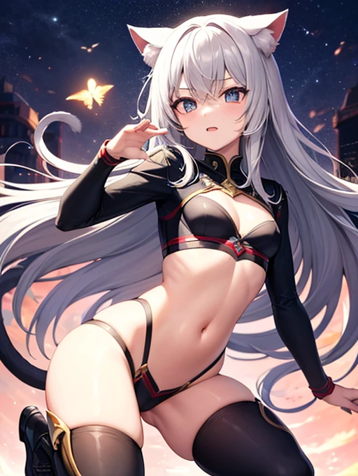 fly in the sky,superpower,Cat ear,Gray Hair,Young Girl,Small breasts,Combat Uniform,Harmony,Long Hair,Odd Eye