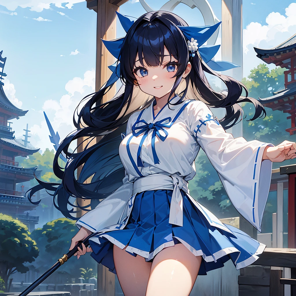 masterpiece,Highest quality,High resolution,Super detailed,hyper quality, highly detailed, (((gripping Big Spear))), The best smile、(((Blue and white shrine maiden costume))), (((青いmicro mini skirt))), Black hair straight、long hair、I don't wear anything on my feet、(((Blue Big Ribbon))), Large slit eyes、Straight bangs、Big Breasts、Blue sleeves、A girl about 、Height: 165cm、Are standing、Shrine Background