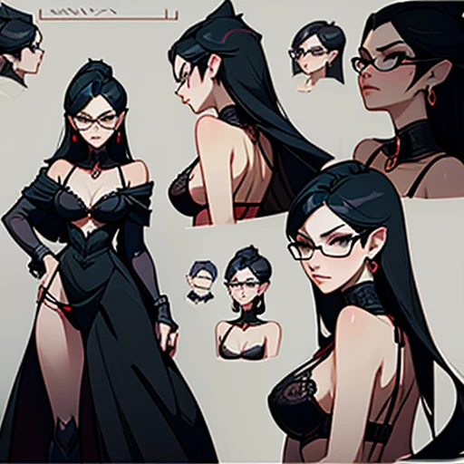 Erotic black and redLingerie ((Thong, bra and accessories))design inspired by cereza (Bayonetta), in various views (front and back) ((Character sheet))