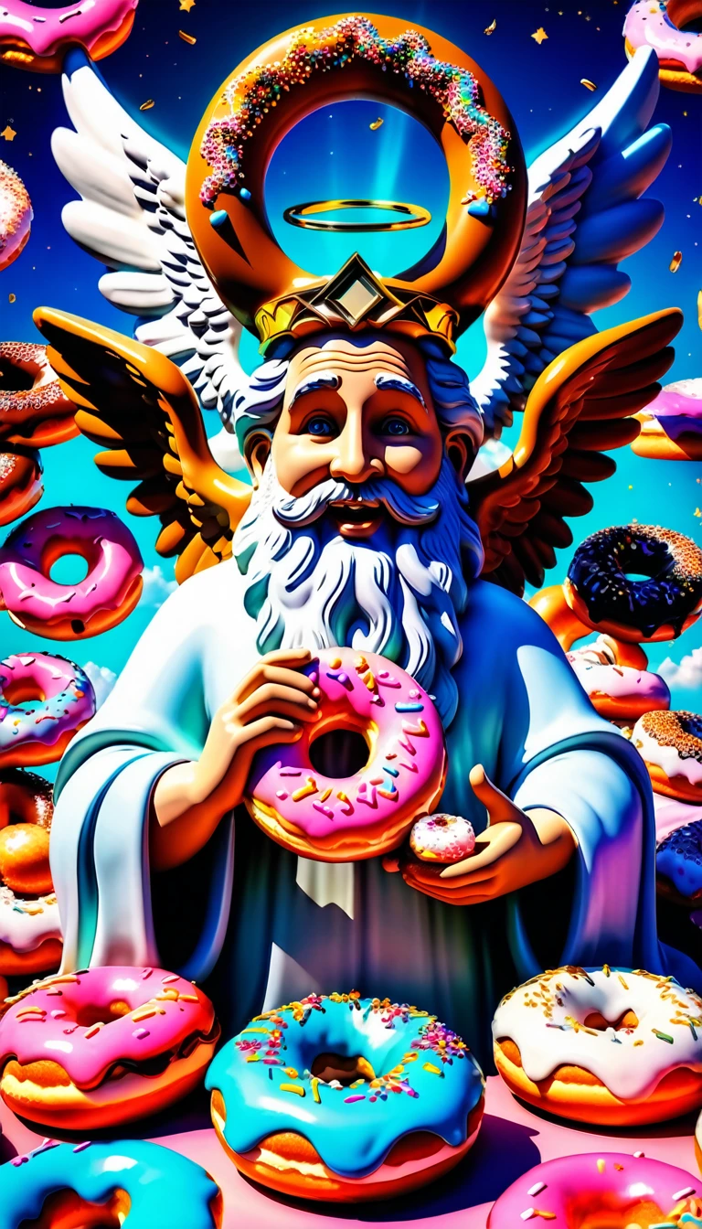 realistic 4k octane render, Caricature of a god figure with angels, heaven, abstract surrealistic scene, God and angels eating donuts, lots of colorful donuts, detailed facial features, dramatic lighting, vibrant colors, photorealistic, highly detailed, hyperrealistic, cinematic, masterpiece