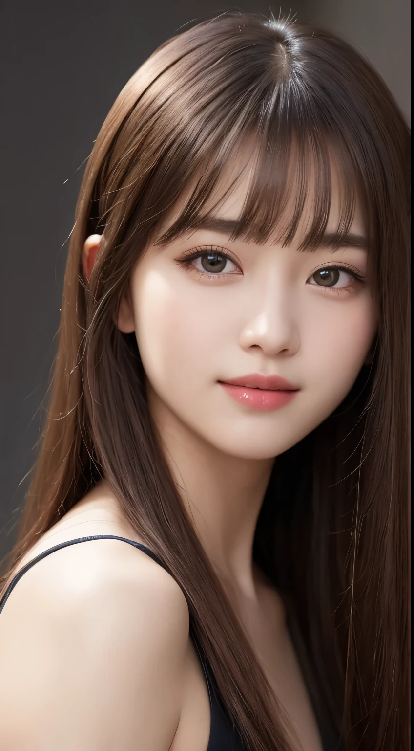 Tabletop, Highest quality, figure, Very detailed, In detail, High resolution, 8k wallpaper, Perfect dynamic composition, smile、Beautiful attention to detail, Droopy eyes、Blunt bangs、((Straight Hair))、Women's Fashion Summer,Medium Hair,,Natural color lip, smile、smile、((smile:1.2))、20-year-old girl、cute、looking at the camera