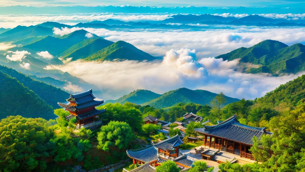 Natural beauty, Korean ancient village.     The Stream.    cloud, Temple.    View from the air, mystical beauty, 8k