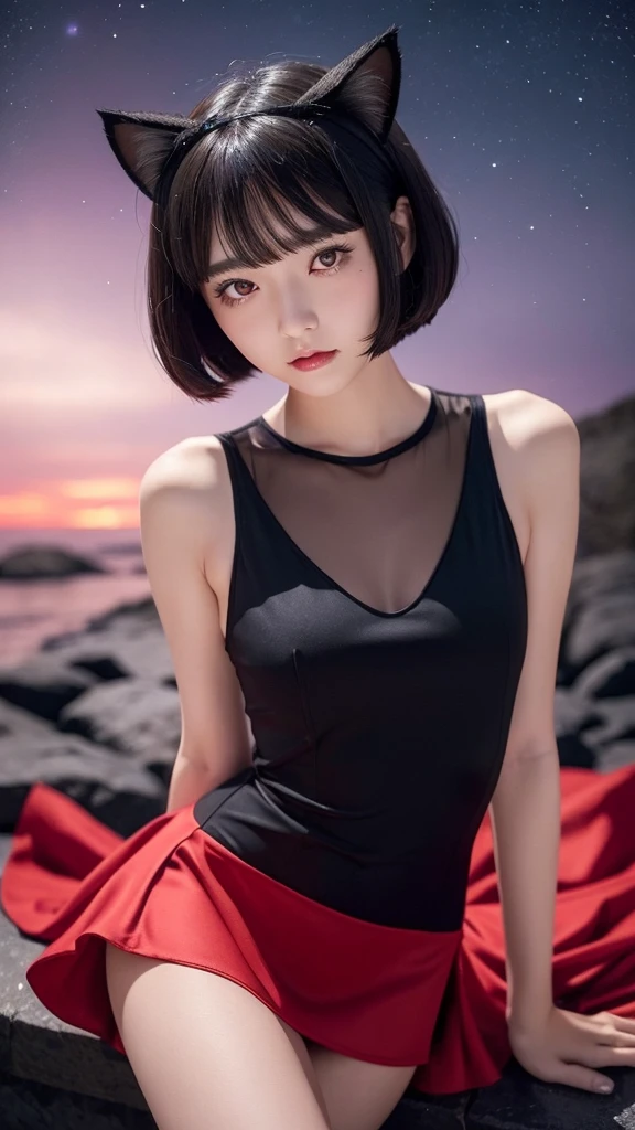 Delicate and dainty young woman with shiny bob-cut black hair and cat ears. She is wearing red only mini-skirt one-piece dress. The background is a fantastic and ethereal night sky that seems to be haunted by a specter. Her expression is stern and atmospheric. Angle from directly below,