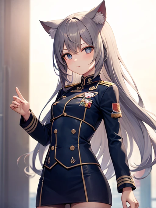 fly in the sky,Cat ear,Gray Hair,Young Girl,Small breasts,Combat Uniform,Harmony,Long Hair,Odd Eye