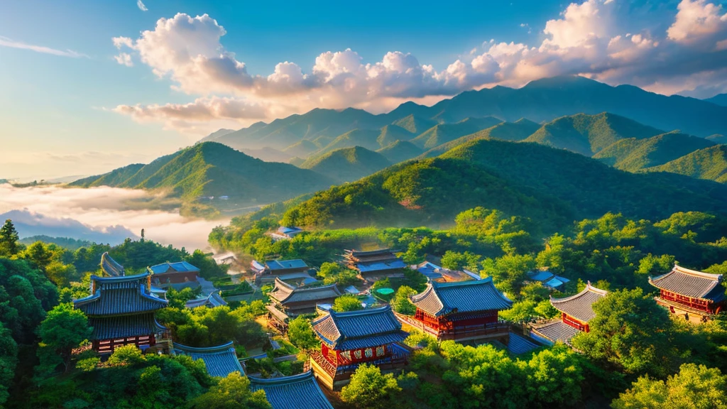 Natural beauty, Korean ancient village.     The Stream.    cloud, Temple.    View from the air, mystical beauty, 8k