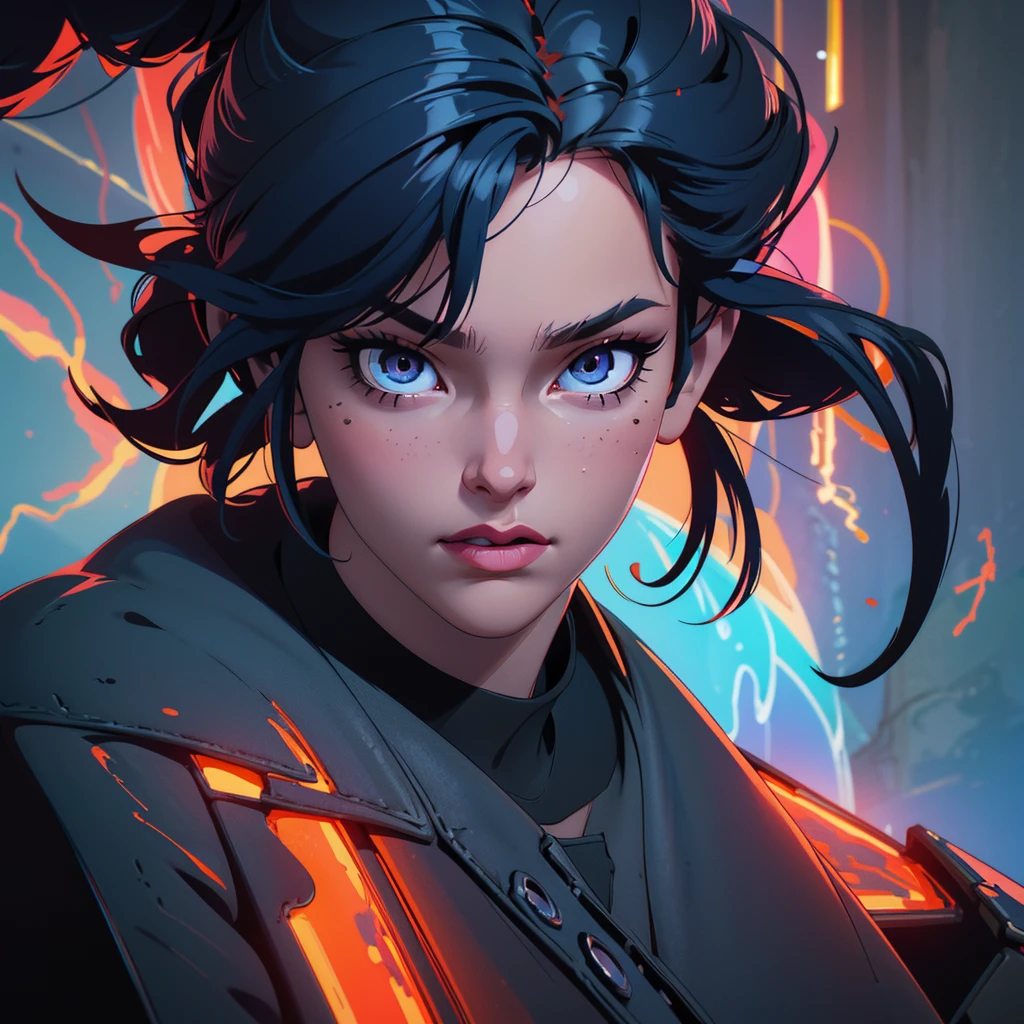 a dynamic character with spiky hair, wearing a black and orange outfit, holding flames in both hands, face obscured by a gray square, vibrant background with shades of pink and purple, blue flame-like element swirling behind the character, (best quality,4k,8k,highres,masterpiece:1.2),ultra-detailed,(realistic,photorealistic,photo-realistic:1.37),extremely detailed eyes and face,longeyelashes,powerful,energetic,dramatic,cinematic lighting,digital painting,concept art