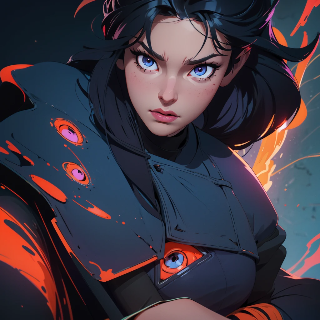 a dynamic character with spiky hair, wearing a black and orange outfit, holding flames in both hands, face obscured by a gray square, vibrant background with shades of pink and purple, blue flame-like element swirling behind the character, (best quality,4k,8k,highres,masterpiece:1.2),ultra-detailed,(realistic,photorealistic,photo-realistic:1.37),extremely detailed eyes and face,longeyelashes,powerful,energetic,dramatic,cinematic lighting,digital painting,concept art