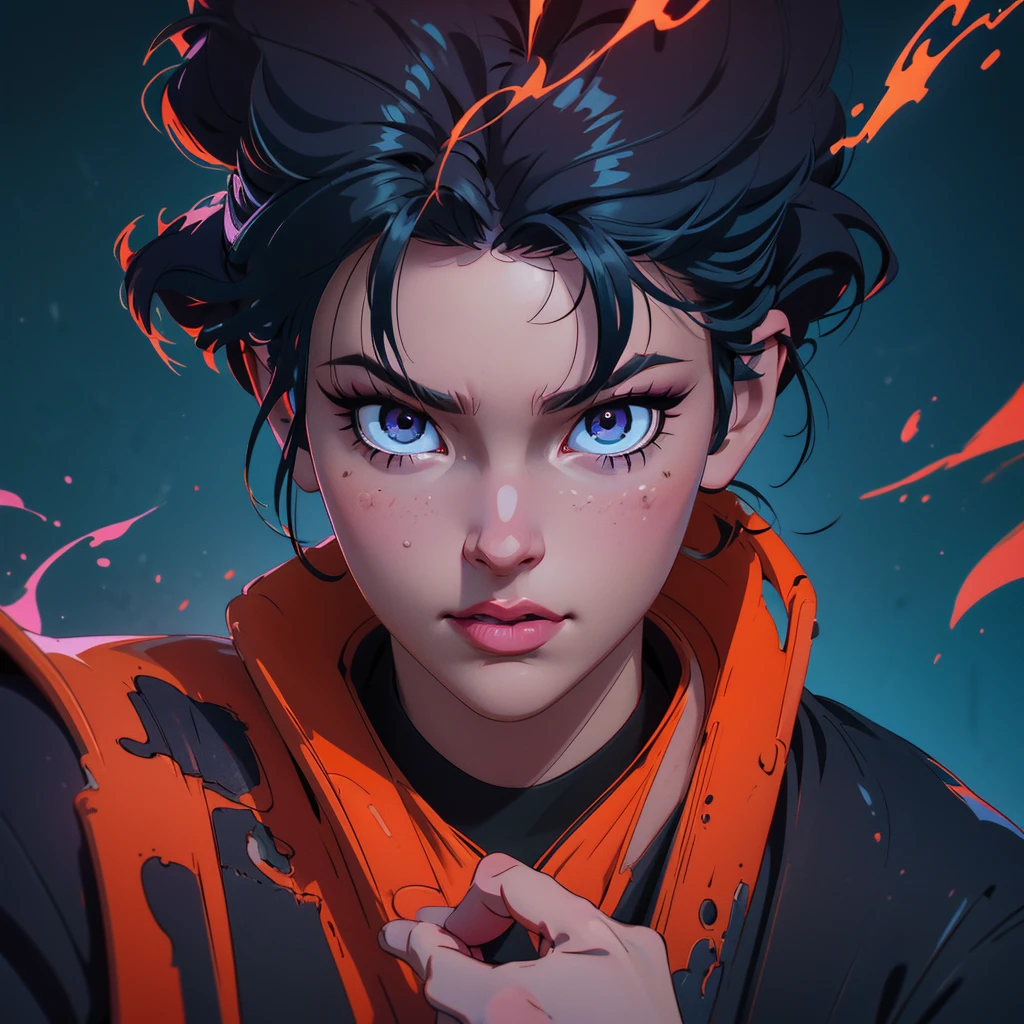 a dynamic character with spiky hair, wearing a black and orange outfit, holding flames in both hands, face obscured by a gray square, vibrant background with shades of pink and purple, blue flame-like element swirling behind the character, (best quality,4k,8k,highres,masterpiece:1.2),ultra-detailed,(realistic,photorealistic,photo-realistic:1.37),extremely detailed eyes and face,longeyelashes,powerful,energetic,dramatic,cinematic lighting,digital painting,concept art