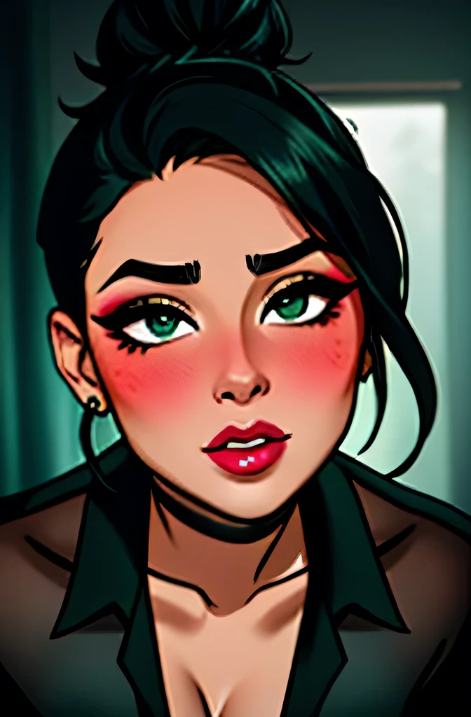 Sexy woman, black hair tied in a messy bun, amazing makeup, blushing intensely, flustered, lustful, perfect lips parted, black blouse, sheer dark green saree, hot