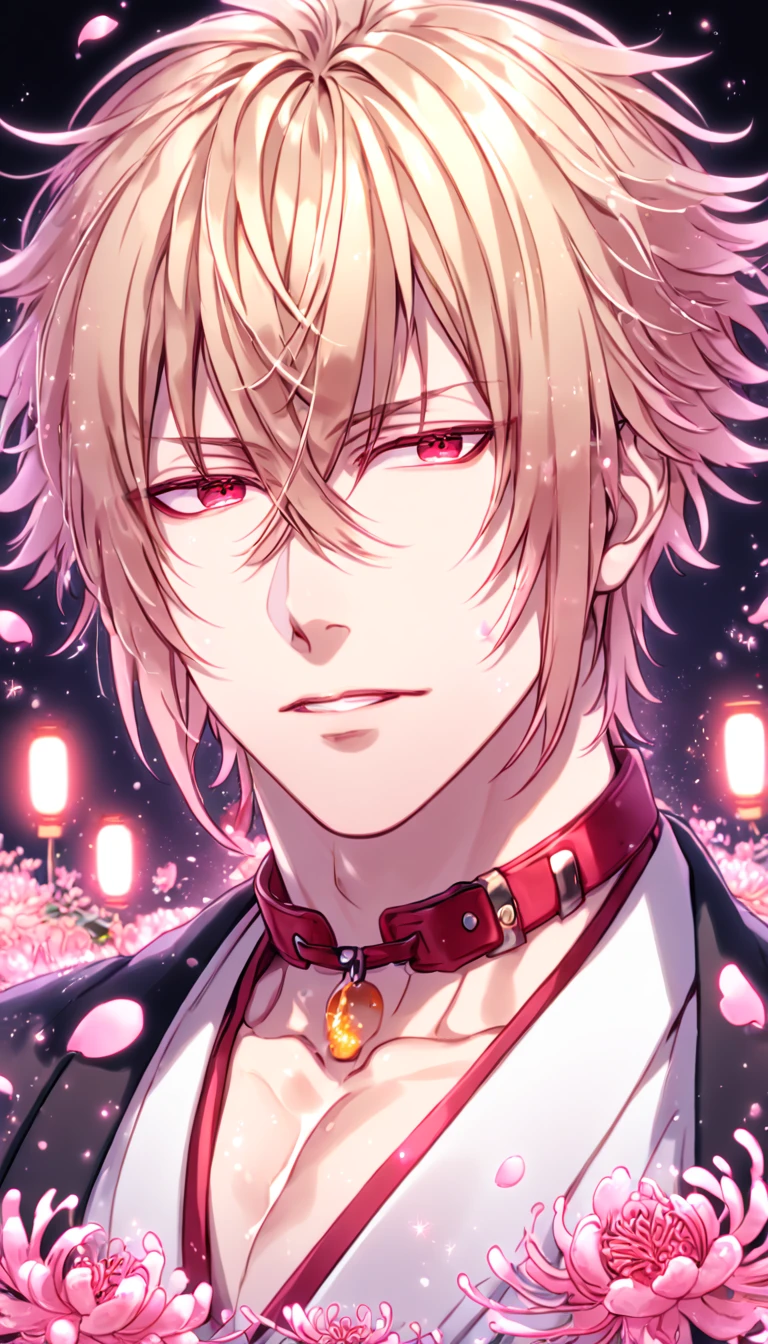 absurd resolution, high resolution, ultra detailed, detailed eyes, extremely detailed, HDR, 8K, Kazama Chikage, honey blonde hair, expressive red eyes, Hakuouki, solo, sexy man, handsome, black haori, white kimono, red collar, fantasy, cool, magical, pink glittering butterflies, pink dust flying around, pink spider lilies, pink petals, pink lanterns, Japanese ambiance, cherry blossoms