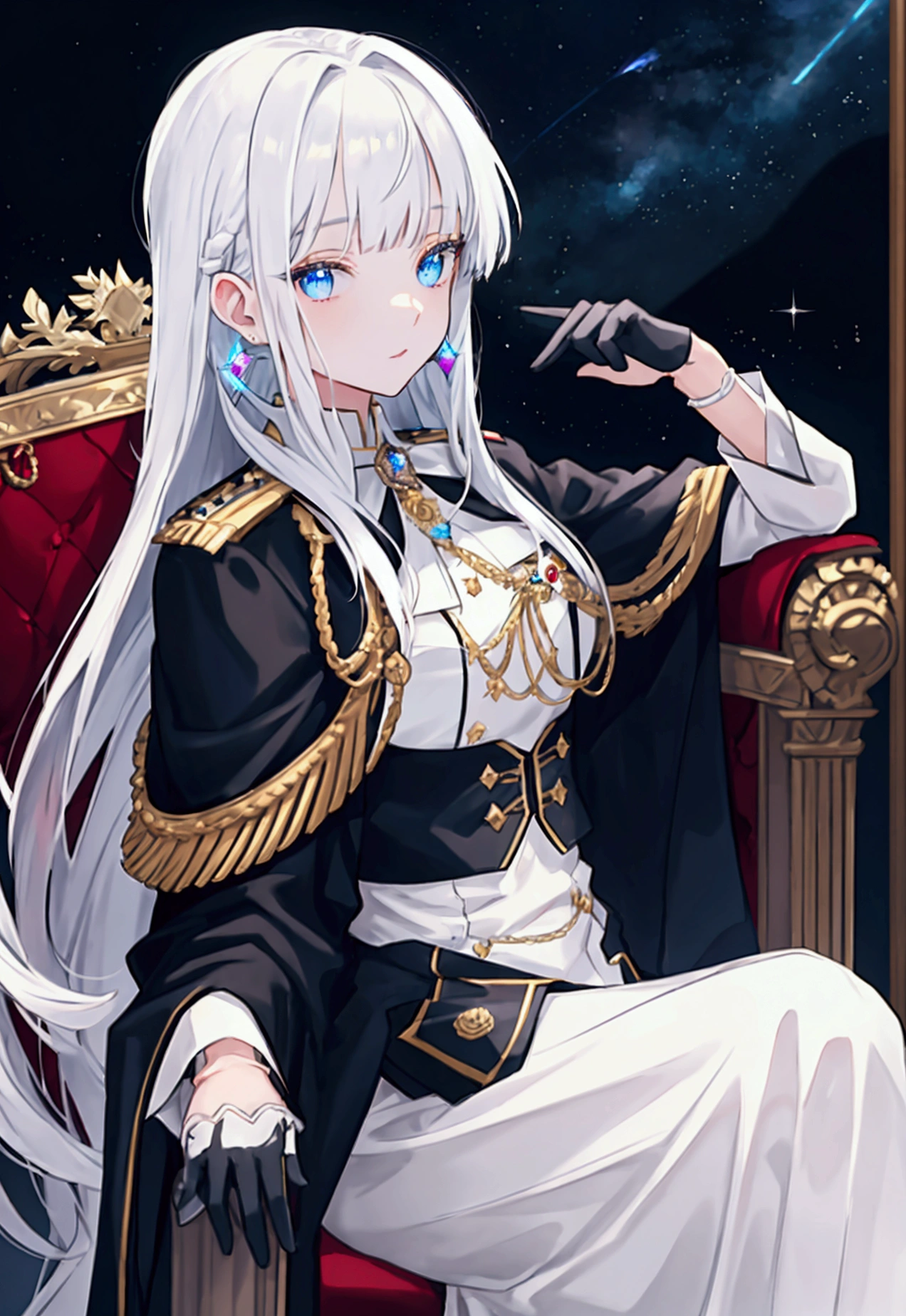 Victorian era, Military uniform, noble clothes, 1woman, queen, solo, medium shot, Throne background, ((night time)), bokeh, iridescent eyes, starry sky, white shimmer hair, white eyebrow, glowing hair, (iridescent white hair), earrings, bangs, jewelry, blunt bangs, blue eyes, blurry background, blurry, hair ornament, looking at viewer, white glove, long hair, portrait, sidelocks  