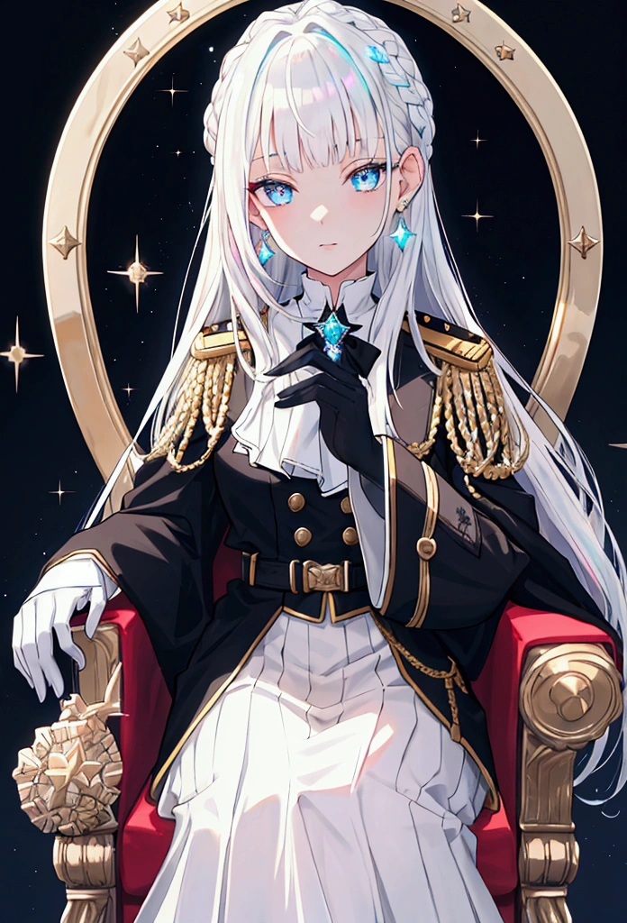 Victorian era, Military uniform, noble clothes, 1woman, queen, solo, medium shot, Throne background, ((night time)), bokeh, iridescent eyes, starry sky, white shimmer hair, white eyebrow, glowing hair, (iridescent white hair), earrings, bangs, jewelry, blunt bangs, blue eyes, blurry background, blurry, hair ornament, looking at viewer, white glove, long hair, portrait, sidelocks  