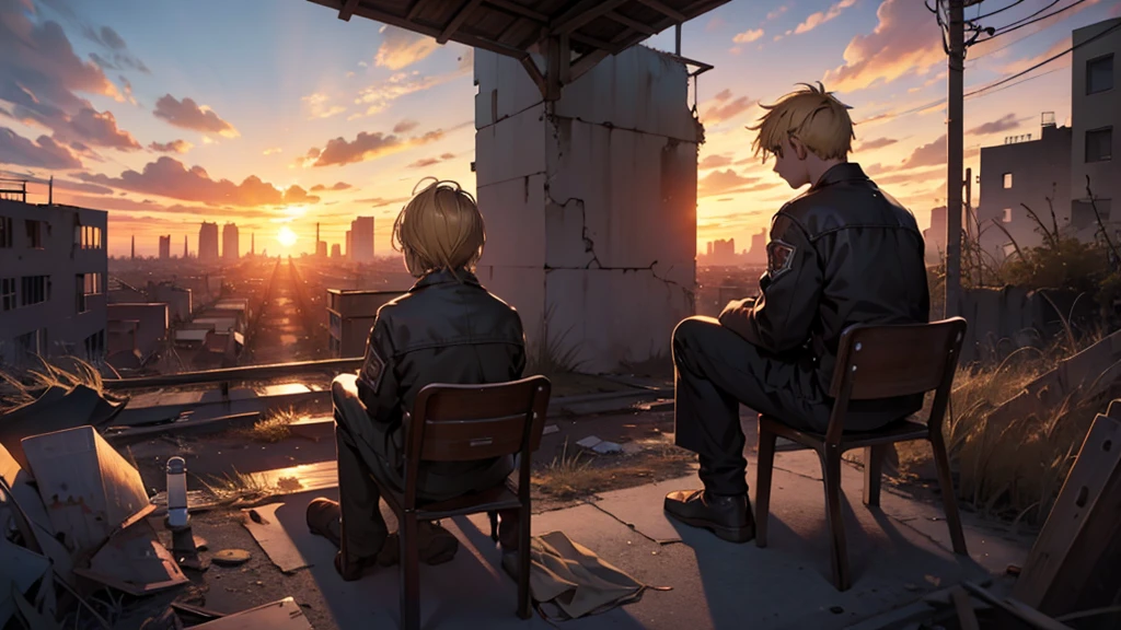 two black and blonde hair children sitting with their backs facing a sunset. In the background a desolate and abandoned city.