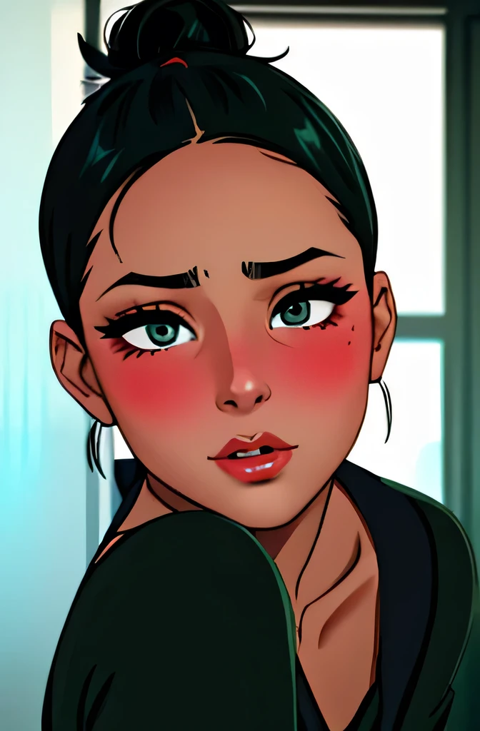 Sexy woman, black hair tied in a messy bun, amazing makeup, blushing intensely, flustered, lustful, perfect lips parted, black blouse, sheer dark green saree, hot