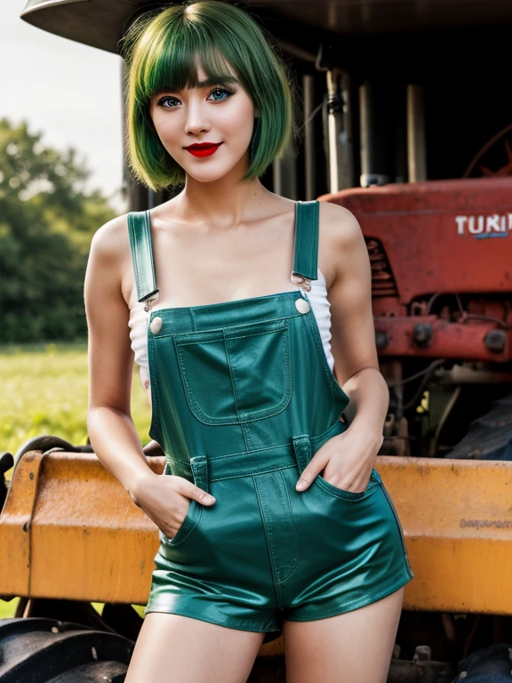 masterpiece, Highest quality, (Focus alone), (Perfect Face:1.1), (High detail:1.1), (Ultra-detailed eyes), smile、dramatic, 1 person, Green Hair、Short Hair、bangs、Blue colored eyes、Orange lips、slender、Green latex overalls、The background is the waterside、Tractor