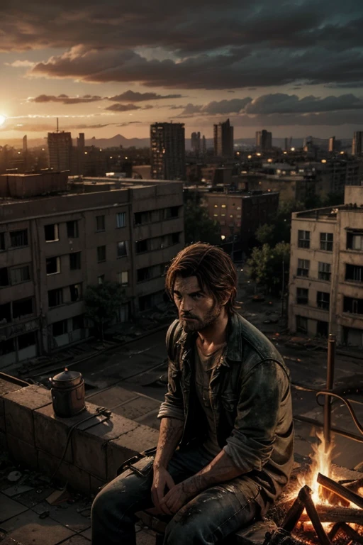 big city, Man Man Alone, big hair, the last of us cenario apocalyptico, sitting by the fire, shabby clothes, canons, Lonely, dark scenery, destroyed city, zombies, abandoned properties