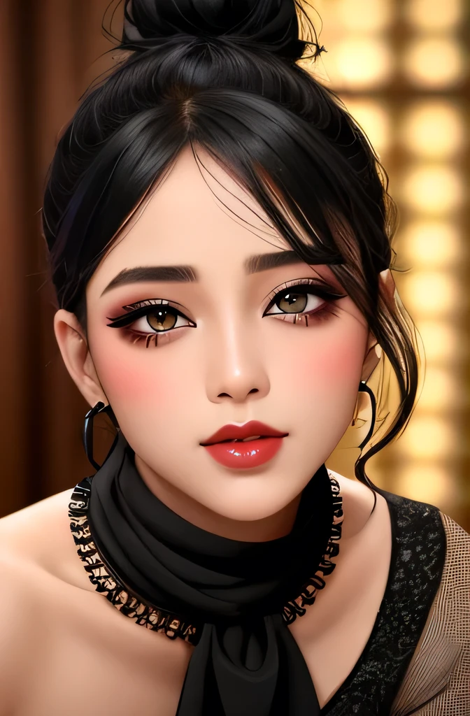 Sexy woman, black hair tied in a messy bun, amazing makeup, blushing intensely, flustered, lustful, perfect lips parted, black blouse, sheer dark green saree, hot