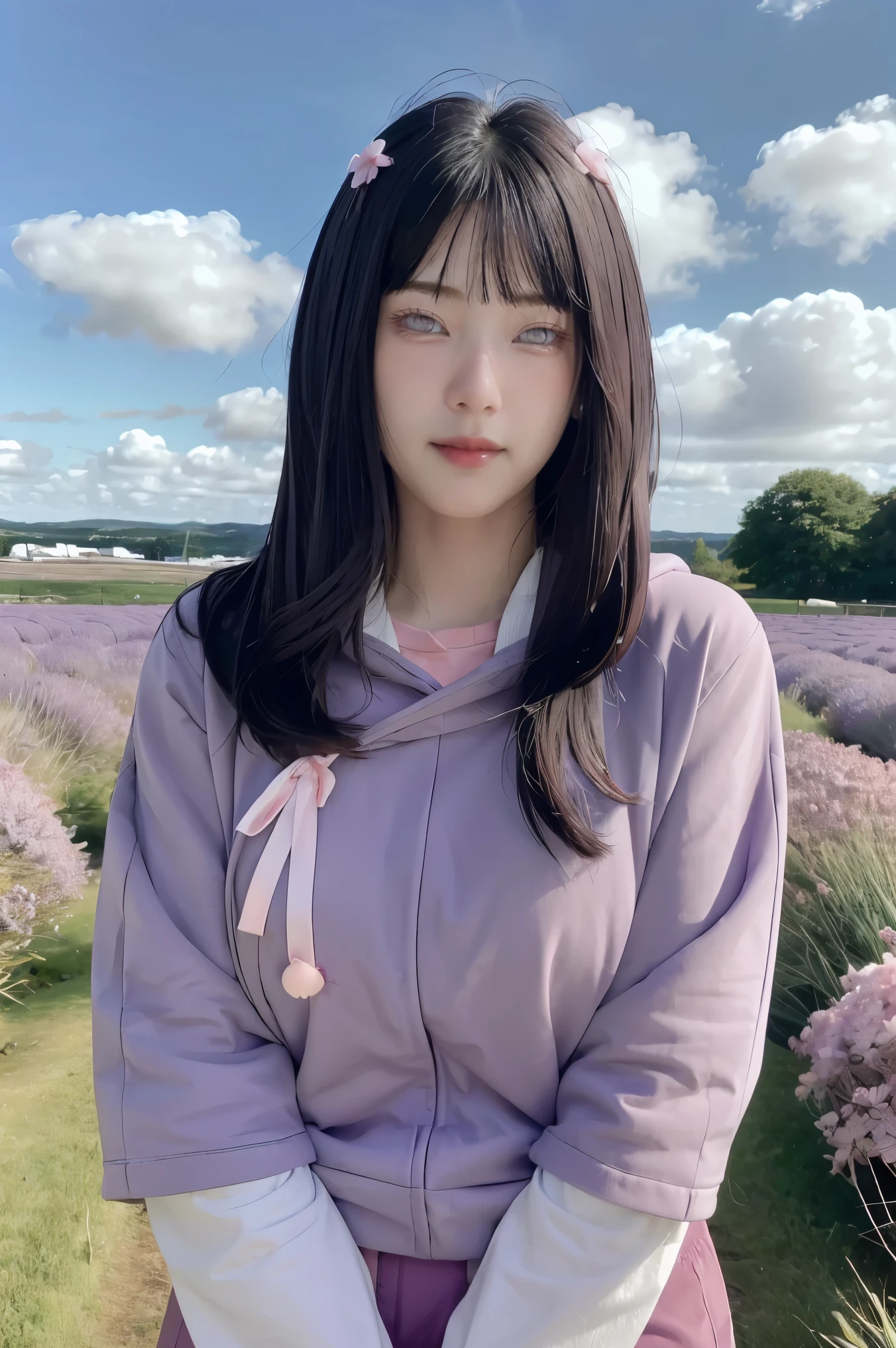 masterpiece, absurdres, hinata\(boruto\), 1girl, solo,mature female, purple hoodie,layered sleeves, brown pants,  outdoors,lavender flower field, looking at viewer, (falling petals), cloudy sky, perfect composition, detailed lips, big breast, beautiful face, body propotion, blush, (pink lips), long hair,  purple eyes,  soft gaze, sad smile,  super realistic, detailed, photoshoot, realistic face and body,  realistic hair, realistic eyes, realistic nose, realistic lips