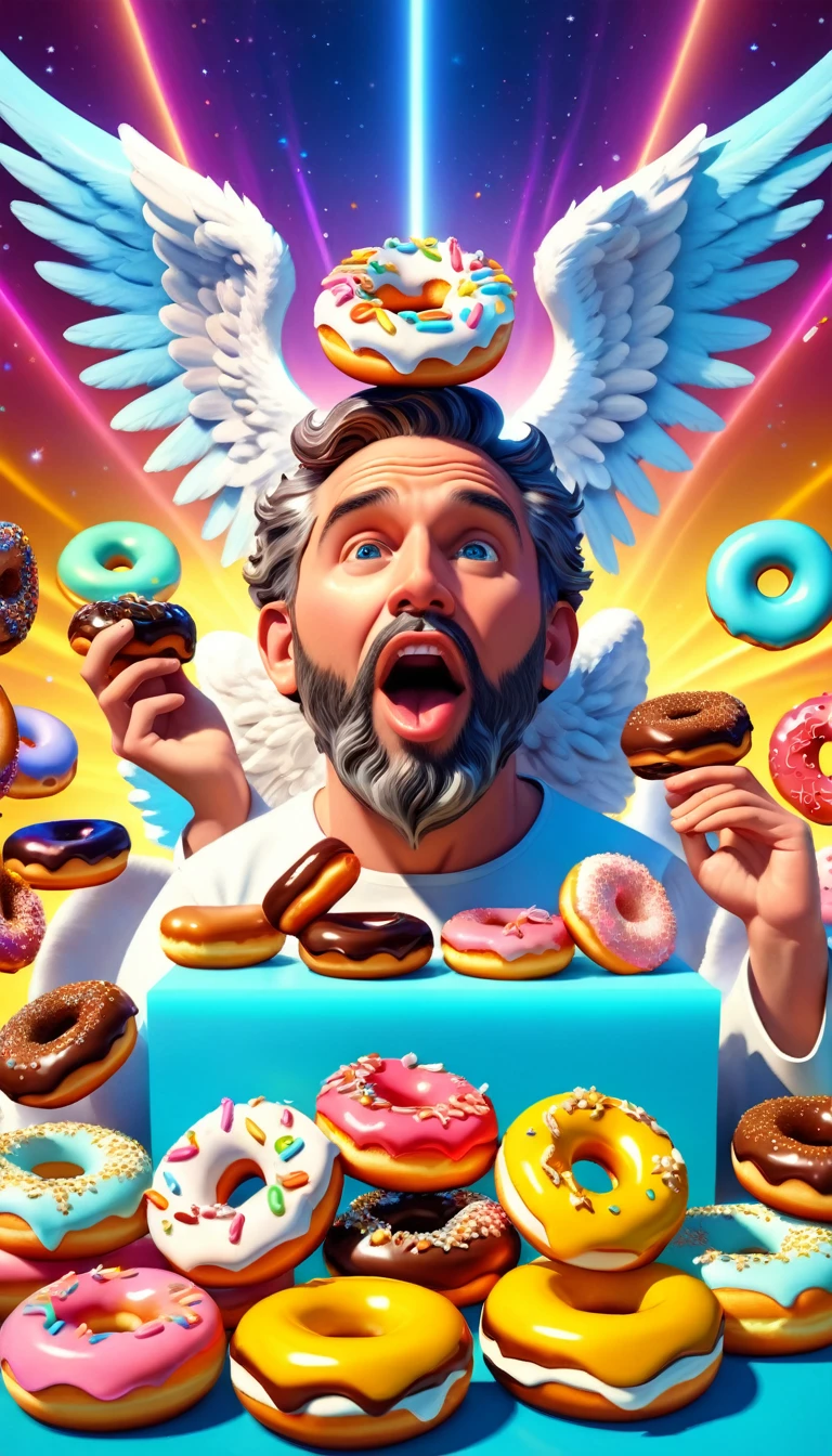 realistic 4k octane render, Caricature of a god figure with angels, heaven, abstract surrealistic scene, God and angels eating donuts, lots of colorful donuts, detailed facial features, dramatic lighting, vibrant colors, photorealistic, highly detailed, hyperrealistic, cinematic, masterpiece