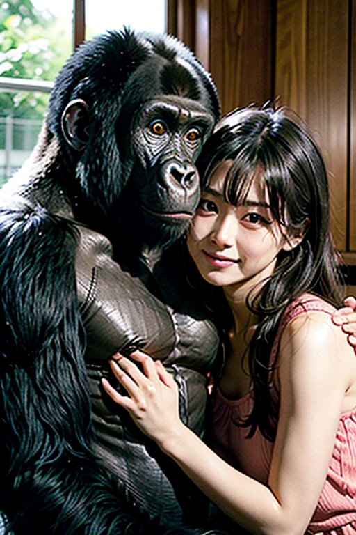 Aiki Enami hugging a giant gorilla, Medium brown hair, Big Tits, Big Ass, Japanese beauty, A large amount of white fluid coming out of the anus,