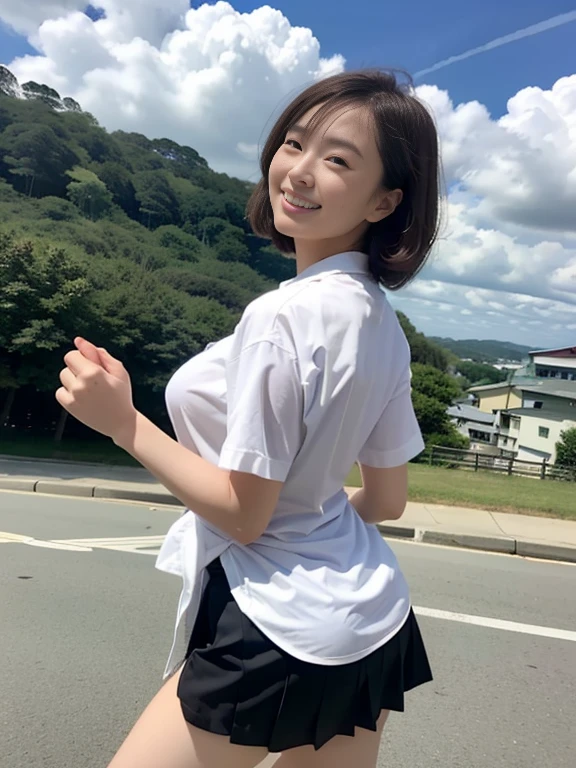 18Year old girl、A uniform skirt fluttering in the wind、Beautiful feet、Big ample breasts、smile、White shirt、Wide open chest、(Butt)、short hair、 information、coastal、Cloud、