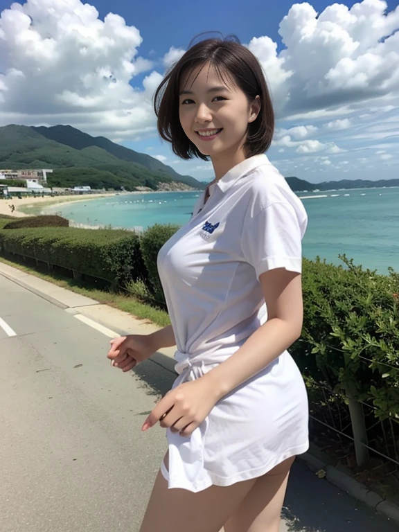 １８Year old girl、A uniform skirt fluttering in the wind、Beautiful feet、Big ample breasts、smile、White shirt、Wide open chest、（Butt）、short hair、 information、coastal、Cloud、