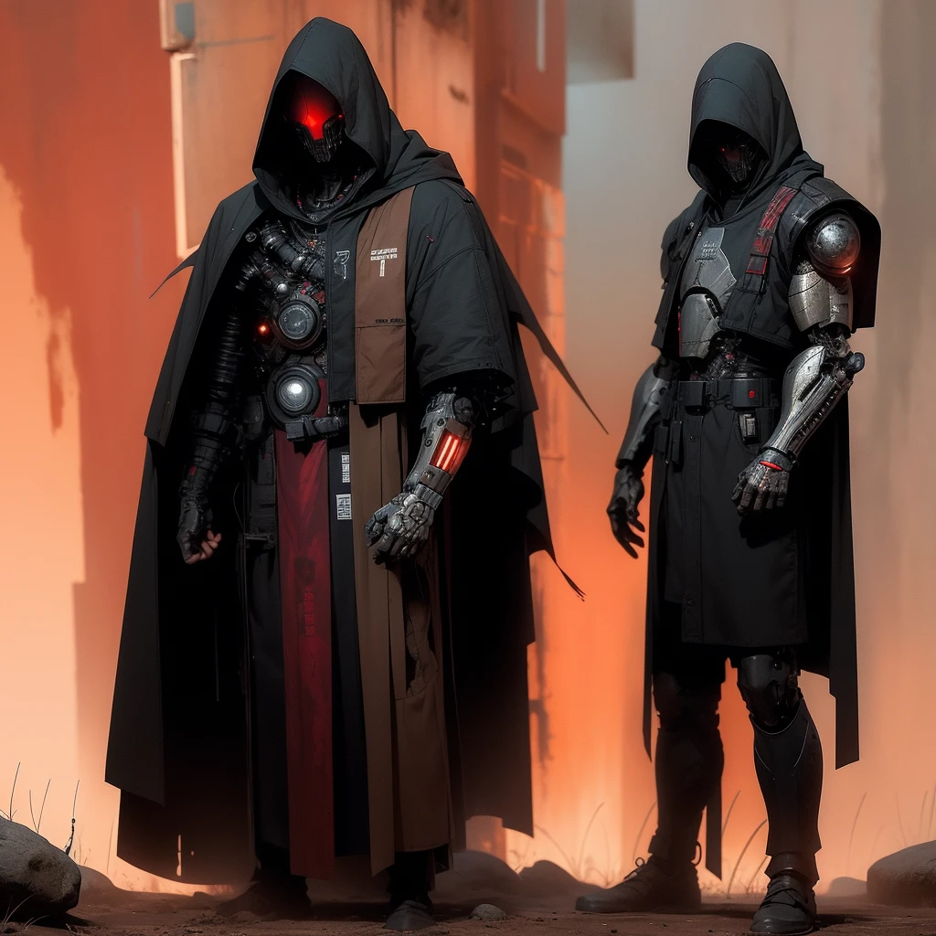 a deadly cyborg assassin in a hooded cloak and armor, danger, red sky, post-apocalyptic, intricate details, dark and gritty, cinematic lighting, highly detailed, concept art, realistic, 8k, masterpiece