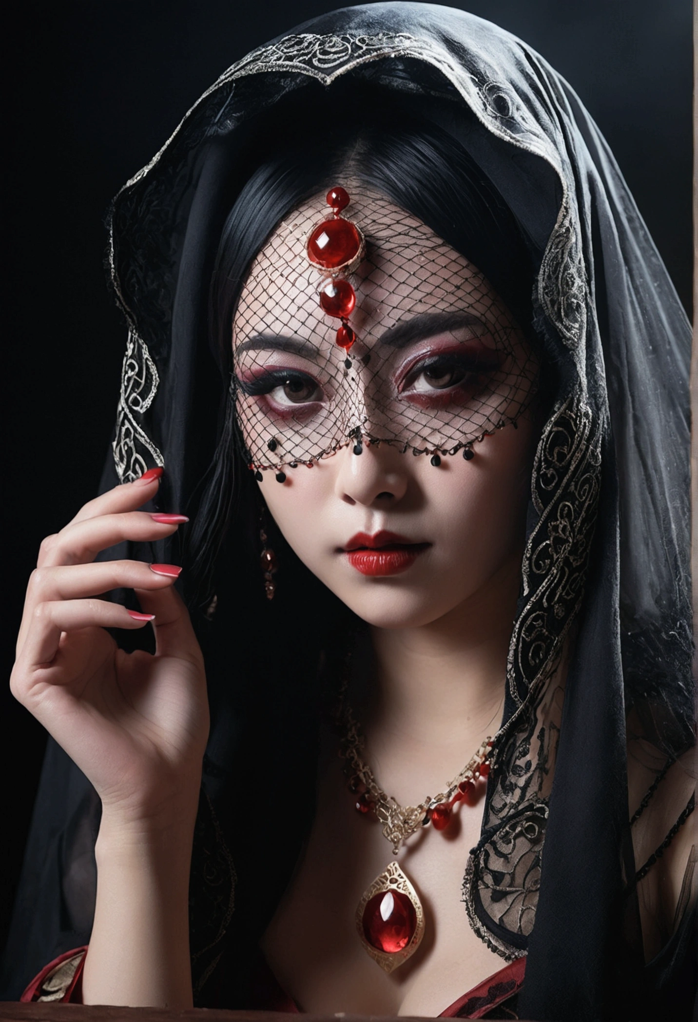 A succubus disguised as a fortune teller、sexy fortune teller、face veil、cloth that covers the lower half of the face、fell into evil