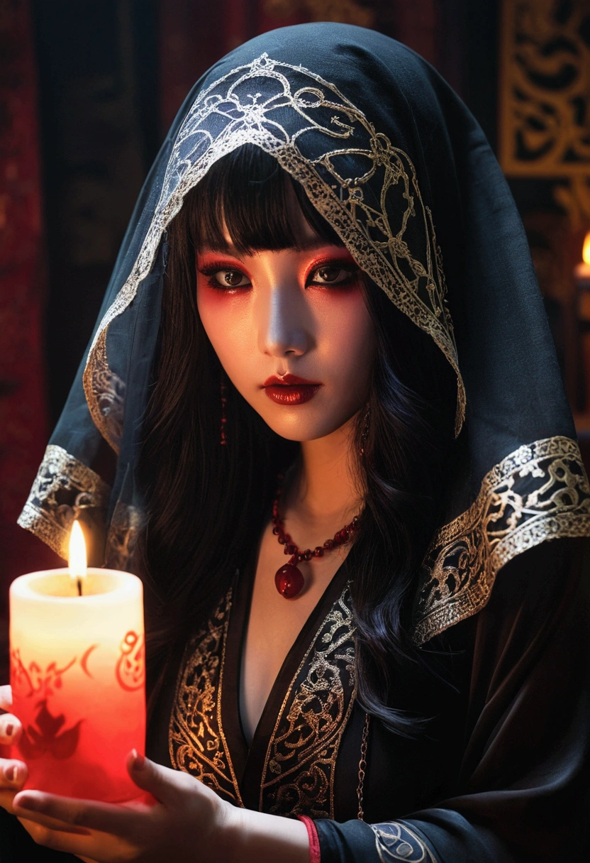 A succubus disguised as a fortune teller、sexy fortune teller、face veil、cloth that covers the lower half of the face、fell into evil