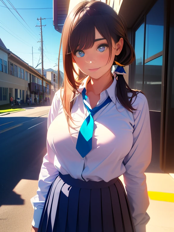 (premium:1.32), (The ultra -The high definition:1.4), (High resolution: 1.3), (CG Unity 8k Wallpapers:1.2), (Detailed eyes and skin.:1.35), (detailed facial features:1.25), (detailed students:1.36), precise and perfect  structure, (textured skin: 1.26), high level image quality、Large file size、fulcolor、low noise、
(photorealistic, Many award-winning photos: 1.27), Depth of fields, shaded by sunlight、
pleasant smile, chest neckline, big and full breasts, sexy thighs, ABS, 
(poneyTail: 1.47), Brown hair, (blue eyes: 1.28), thick bangs, blue ribbon, 
((high school uniform: 1.4)), Jackets、shirt、Red tie、pleated skirt、High socks、tokyo prefecture、fighting cross、An urban landscape、