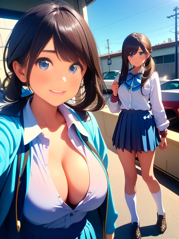 (premium:1.32), (The ultra -The high definition:1.4), (High resolution: 1.3), (CG Unity 8k Wallpapers:1.2), (Detailed eyes and skin.:1.35), (detailed facial features:1.25), (detailed students:1.36), precise and perfect human body structure, (textured skin: 1.26), high level image quality、Large file size、fulcolor、low noise、
(photorealistic, Many award-winning photos: 1.27), Depth of fields, shaded by sunlight、
pleasant smile, chest neckline, big and full , sexy ths, ABS,
(poneyTail: 1.47), Brown hair, (blue eyes: 1.28), thick bangs, blue ribbon,
((high school uniform: 1.4)), Jackets、shirt、Red tie、pleated skirt、High socks、tokyo prefecture、fighting cross、An urban landscape、