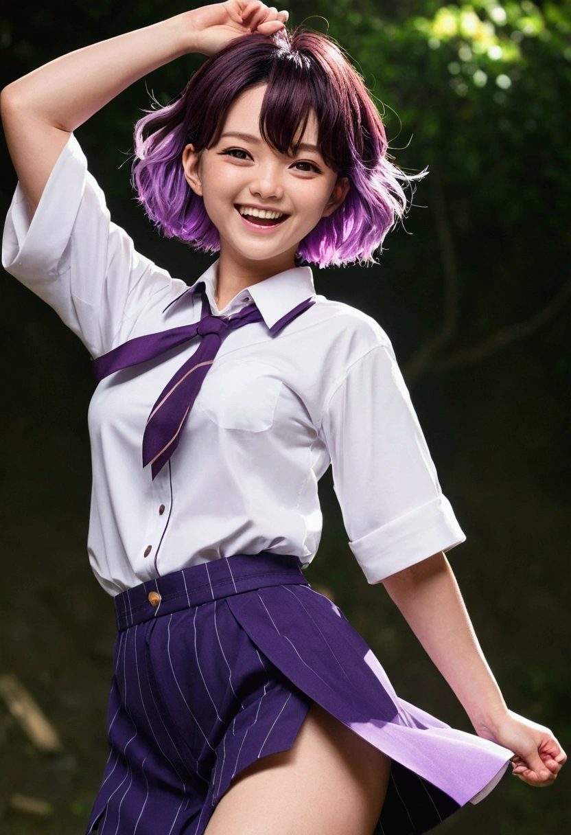 Masterpiece, Best Quality、 1 girl、Kimetsu no Yaiba style、Demon Slayer、 uniform hashira、roll shirt sleeves、 hair purple、short hair、tilt head、 bouncy hair、 smiles、smiles happy、 open mouth、brown eyes、laught、 arrogant、 look elsewhere、erect、hands on hips、
