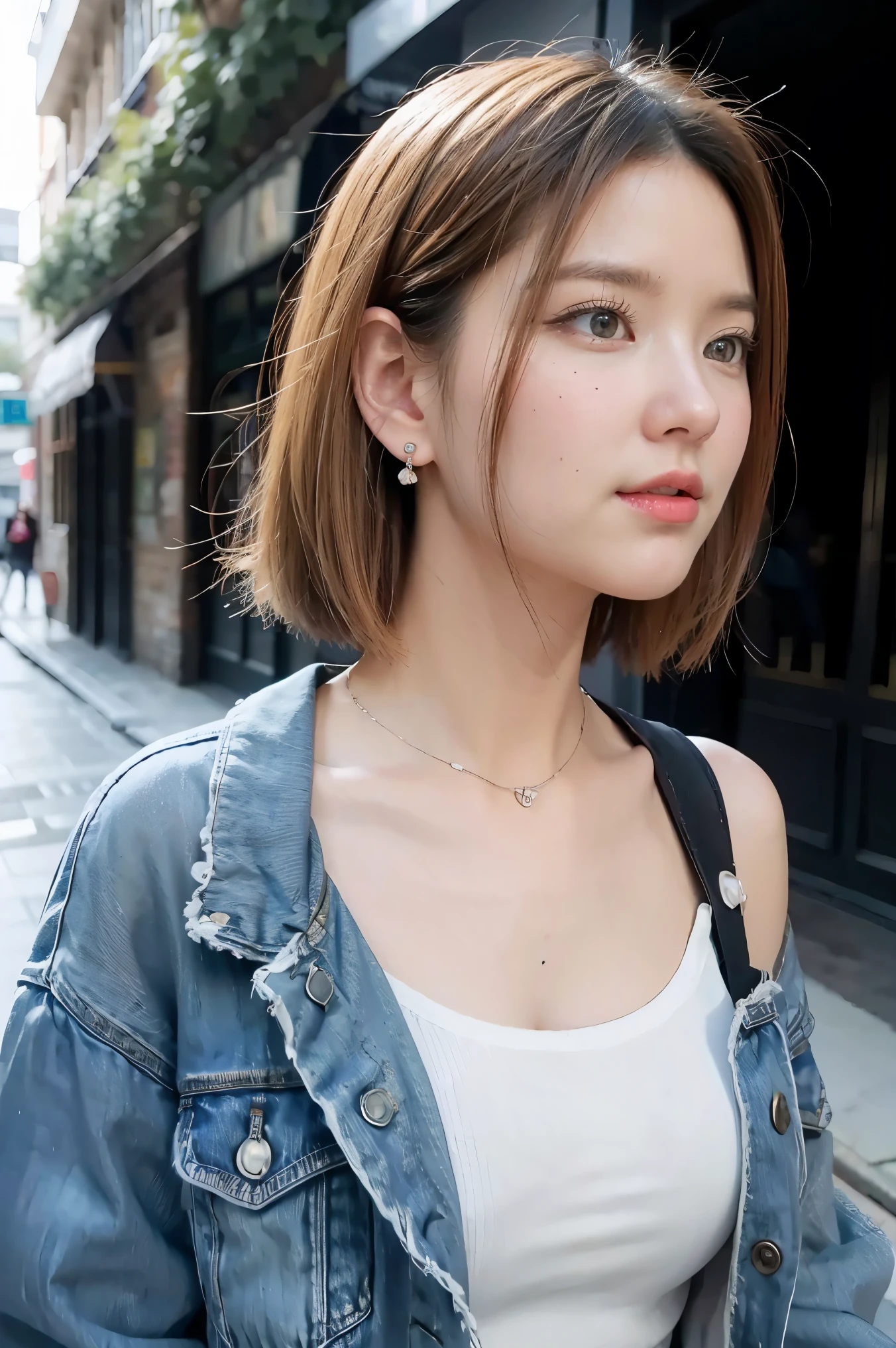 1girl, solo, android 18, blonde hair, blue eyes, short hair, jewelry, earrings, smile, jacket, looking to the side, denim, denim jacket, upper body, lingerie, closed mouth, cloud, sky, day, looking away, blue sky, collarbone,