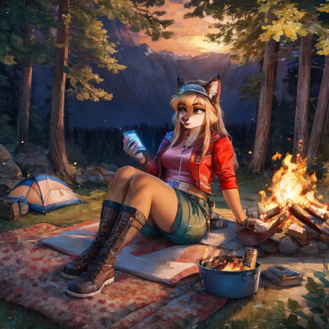 furry woman camping
