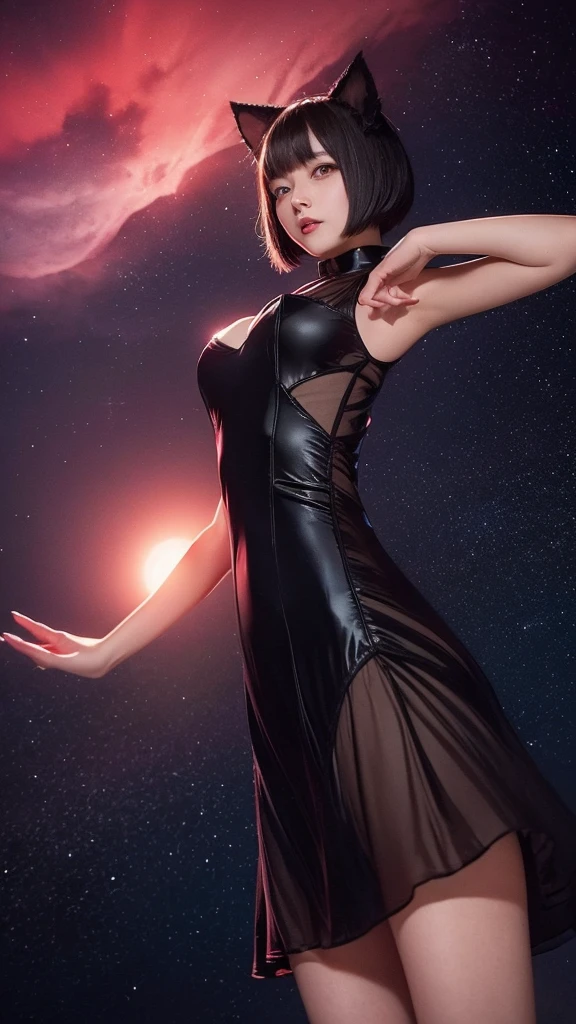 Delicate and dainty young woman with shiny bob-cut black hair and cat ears. She is wearing red only mini-skirt one-piece dress. The background is a fantastic and ethereal night sky that seems to be haunted by a specter. Her expression is stern and atmospheric. Angle from directly below