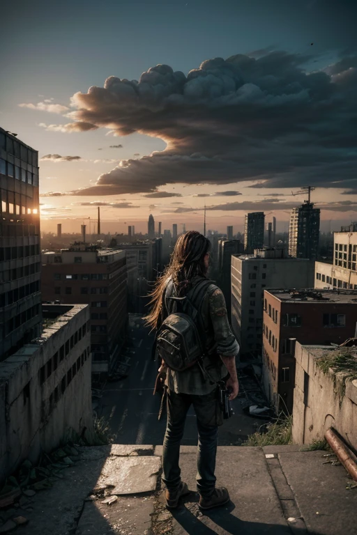 big city, Man Man Alone, long hair, the last of us cenario apocalyptico, looking over city, shabby clothes, canons, Lonely, dark scenery, destroyed city, zombies, abandoned properties, zombies ao fundo