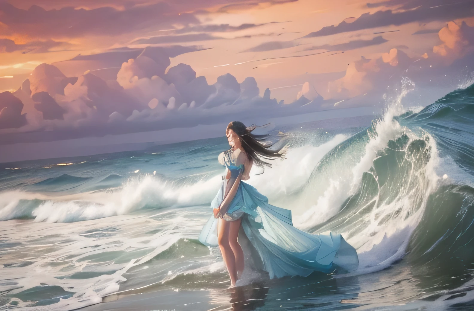 Dream art. Girl goddess of water and sea. Stands in the stormy waves of the ocean. Against the background of an orange sunset and clouds. The blue sea dress is unrealistic