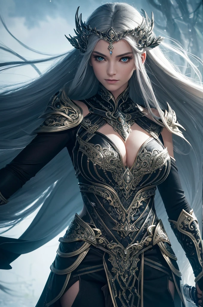 A regal, mystical warrior woman stands proudly, her majestic silver hair cascading down her back like a river of moonlight, framing her elegant face and prominent cheekbones, with glistening green eyes that shimmer like emeralds in the sunlight, piercing through the darkness. Her smooth, porcelain skin has a subtle, golden undertone, hinting at her otherworldly heritage. Clad in dark, supple black leather armor, adorned with intricate, swirling silver patterns that evoke ancient mysticism, she exudes an aura of quiet confidence and unyielding power. In one hand, she grasps a glowing, iridescent orb that pulsates with soft, ethereal light, while the other hand firmly holds a magnificent, glistening silver long sword with an ornate, curved hilt, its blade etched with mysterious runes that seem to whisper secrets to the wind.