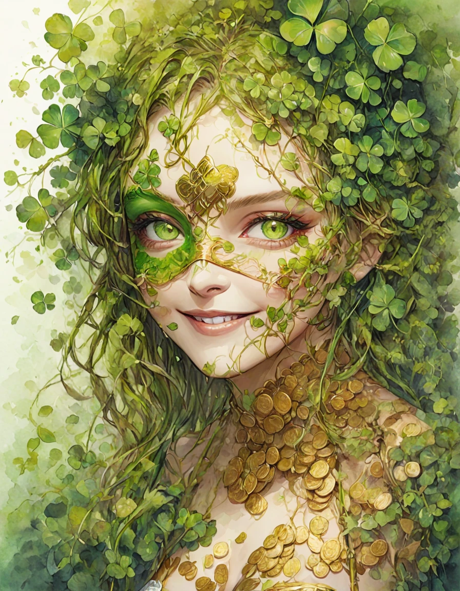 Woman wearing four leaf clover mask shows half of her face to the audience and smiles,by Minjae Lee, Carne Griffiths, Emily Kell, Steve McCurry, Geoffroy Thoorens, Aaron Horkey, Jordan Grimmer, Greg Rutkowski, amazing depth,high resolution, ink painting, green theme, vines, clover leaves and some gold coins,