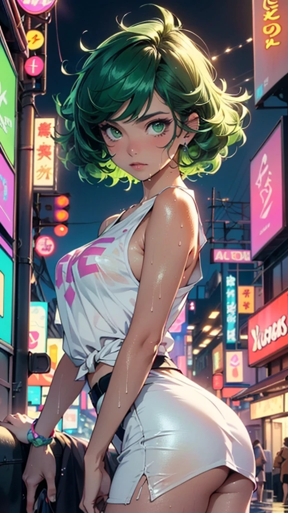Chica YouTuber,(((1 girl))),((extremely Beautiful and beautiful green curly-haired girl)),

(short breasts:1.4),big butt,(((green curly hair:1.35,very curly hair,colored inner hair,ear breathing,short hair))),(((green_eyes:1.3))),intricate eyes,beautiful detailed eyes,symmetrical eyes,large eyes:1.3,((gordo)),(((shiny skin:1.5,shiny skin: 1.5,tanned skin,shiny skin,very shiny skin,shiny body,plastic glitter skin,exaggerated shiny skin,illuminated skin,wet legs))),detailed body,(detailed face),

Beautiful,horny,seductive,Erotic,(((NSFW))),

The Great Passage,revealing clothing,show skin,((rave mini skirt,visible thong straps,Anime Art Print Sleeveless Loose White T-shirt)),((wet clothes,intricate costume,intricate clothing)),

(dynamic pose:1.0),ashamed,(centered,Scale to fit dimensions,rule of thirds),

cyberpunk city by the ocean at night, with bright neon signs and dark stormy clouds and puddles, scenery:1.25,

artistic photography,(photograph taken by sldr),High resolution, sharp focus, (ultra detailed, extremely detailed), (photorealistic artwork:1.37),(extremely detailed CG unity 8k wallpaper),((synthwave background theme)),(((vibrant colors))),(intricate background),(masterpiece),(Best Quality),