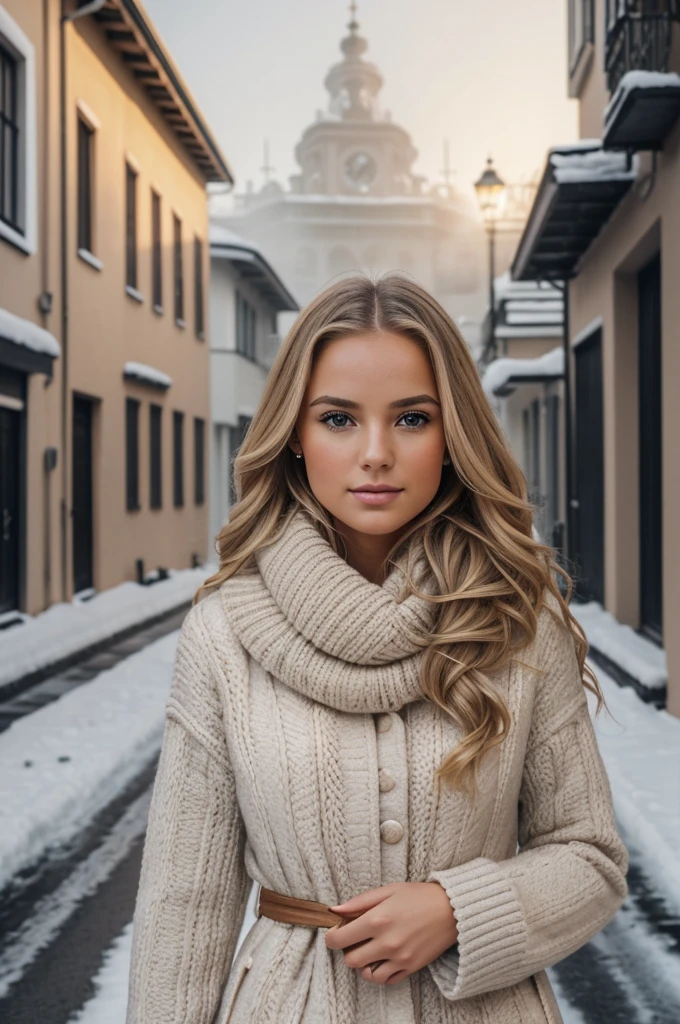proFessional portrait photograph oF a gorgeous Norwegian girl in winter clothing with long wavy blonde hair, sultry Flirty look, gorgeous symmetrical Face, lindo maquillaje natural, wearing elegant warm winter Fashion clothing, ((parado afuera en una calle nevada de la ciudad)), impresionante entorno urbano moderno, ultra realista, Arte conceptual, elegant, muy detallado, Intrincado, sharp Focus, depth oF Field, F/1. 8, 85mm, tiro medio, plano medio, (((proFessionally color graded))), bright soFt diFFused light, (volumetric Fog), tendencia en instagram, hdr 4k, 8K