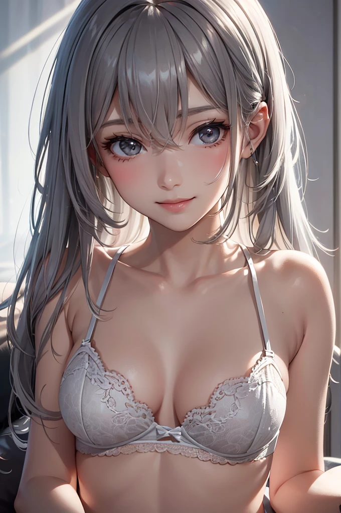 Best Quality,High resolution,8k,finelity detailed background,Masterpiece:1.2),beautiful girl,Glossy romance gray hair,messy hair,Gray eyes,Gentle look,A refreshing look,smile,Best quality,Best Quality,Aesthetic and aesthetic:1.2,Best details((Super detailed))(High-definition CG illustrations),Dark grey underwear, (dark gray),Slender body,morning,Sun light,Bedroom,On the bed,smile,blush,cute,Scrounge,Looking up,Being spoiled,super model,wariza,shoot from,below