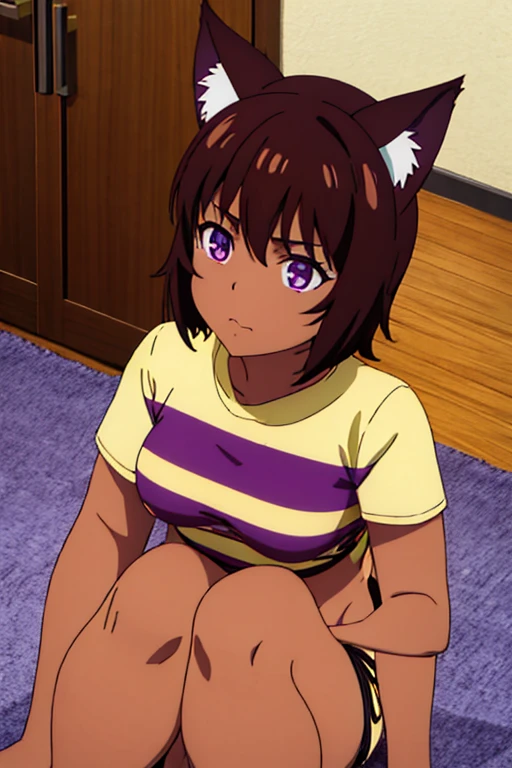 girl, catgirl, dark skin, cat ears, brown hair, short hair, purple eyes, tribal cloth