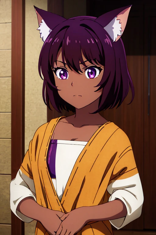 girl, catgirl, dark skin, cat ears, brown hair, short hair, purple eyes, tribal cloth