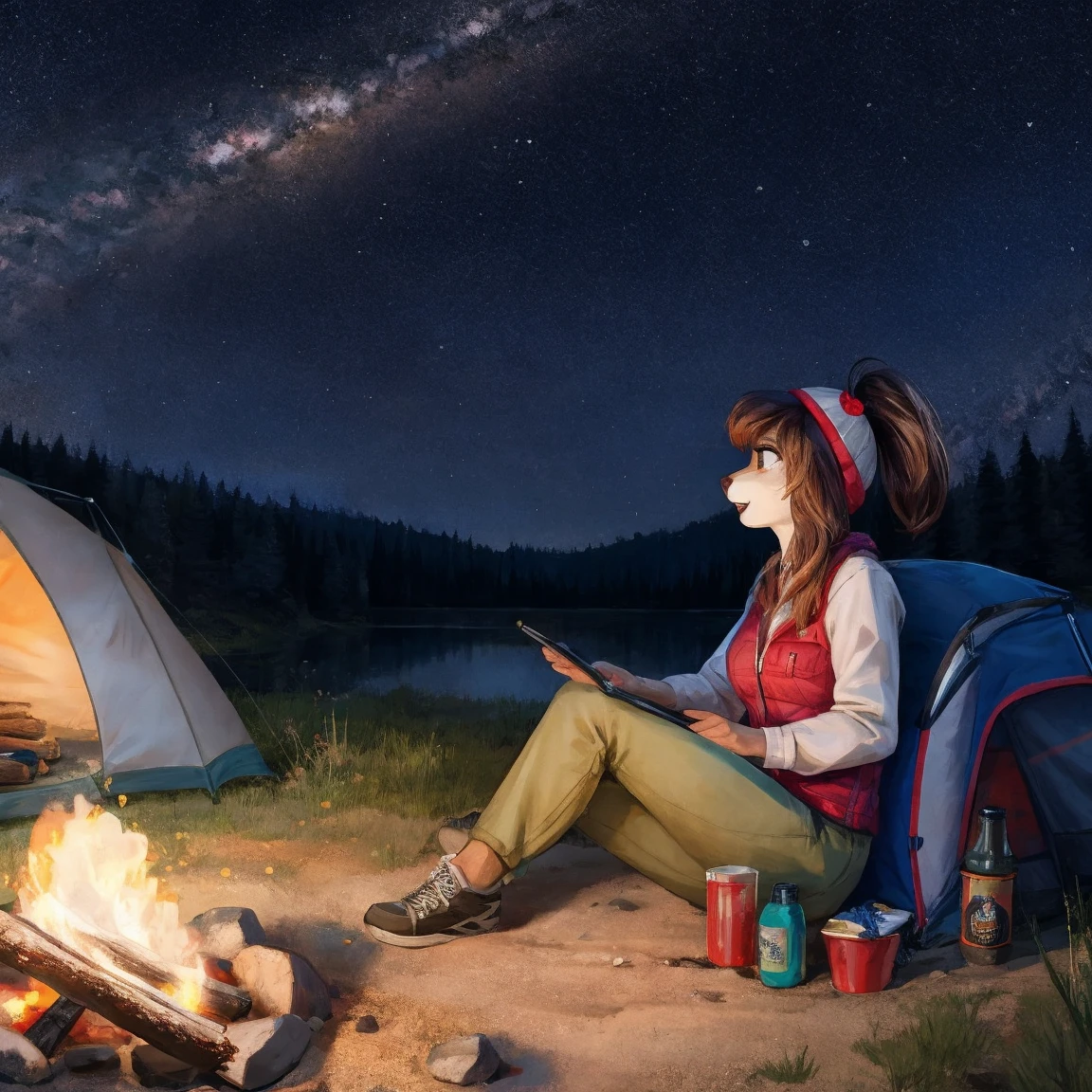 furry woman camping
