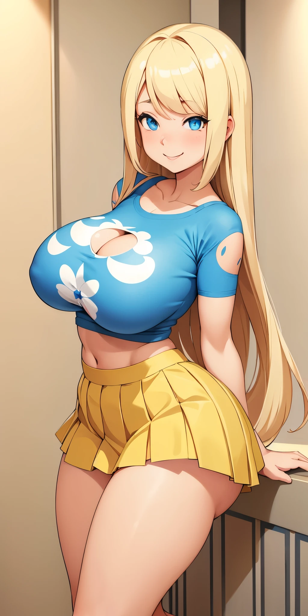 Anime girl, blue eyes, blonder hair, muy voluptuosa, teen, big breast, shy smile, wallpaper, puffy fabric crop top, long pleated skirt with prints, strap, breasts bounce, house