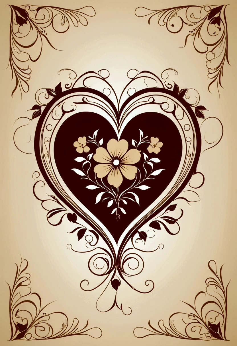 Heart in brown and beige tones, with flower tendrils, Country style, Vector image, sharp edges, masterpiece, uhd