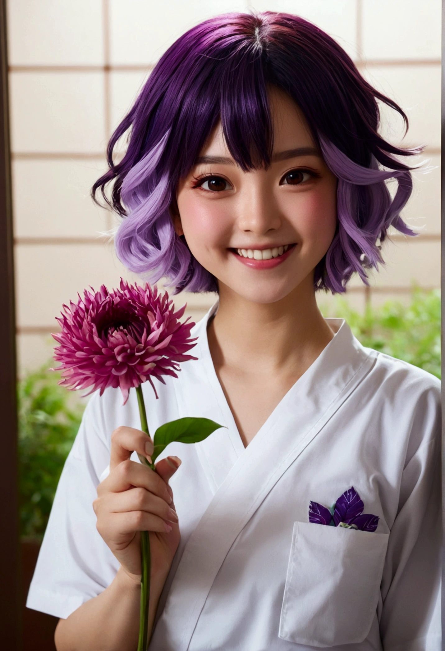 Masterpiece, best quality, 1 girl、Kimetsu no Yaiba style、Demon Slayer、purple hair、short hair、bouncy hair、unifrom hashira、hospital shirt、white shirt、brown eyes、grinning、cheerful 、blushing、holding a flower、holding a flower branch、