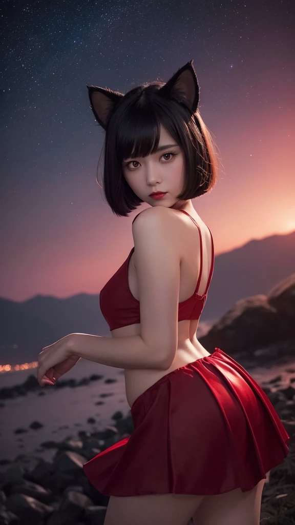 Delicate and dainty young woman with shiny bob-cut black hair and cat ears. She is wearing red only mini-skirt. The background is a fantastic and ethereal night sky that seems to be haunted by a specter. Her expression is stern and atmospheric. Angle from directly below